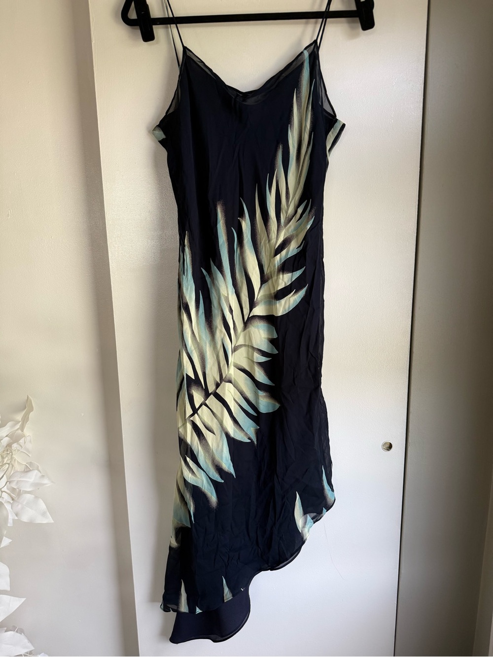 Tropical Leaf-Print Black Maxi Slip Dress